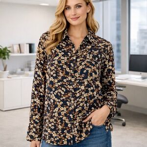 Liz Claiborne Floral Print Long Sleeve Button Up Shirt Cream, Brown &‎ Black. XL